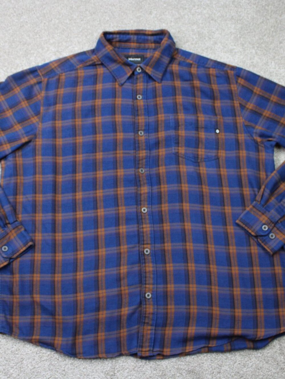 Marmot Shirt Men 2XL XXL Blue/Brown Plaid Flannel Cotton/Poly Long Sleeve Casual